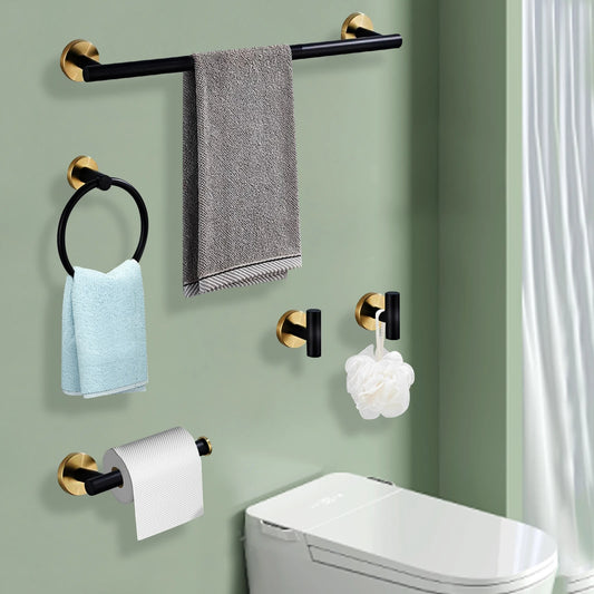 5-Piece Black & Gold Stainless Steel Wall Mounted Towel Rack Set