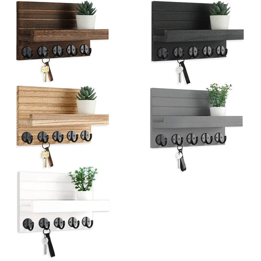 Key and Mail Holder Wooden Rack, 5 Hooks