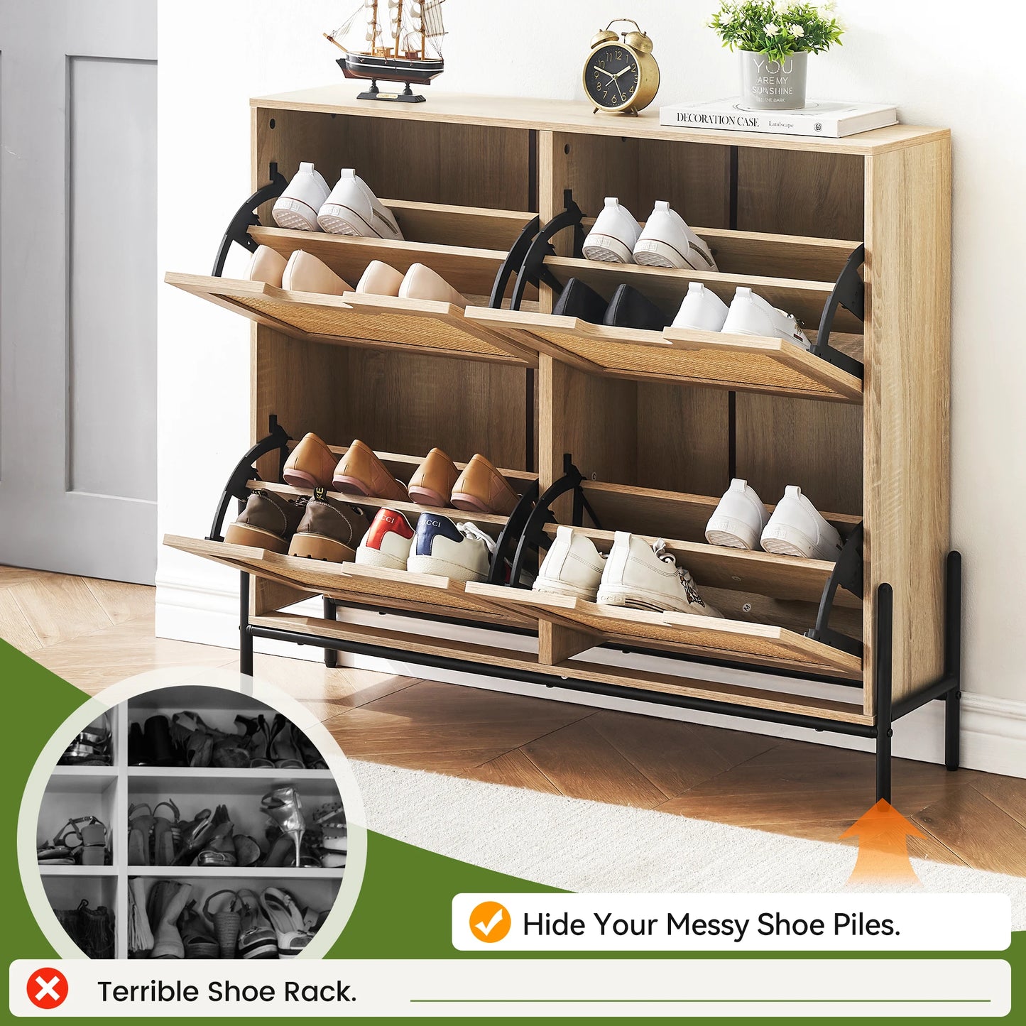 Natural Rattan Shoe Cabinet, w/ 4 Flip Drawers