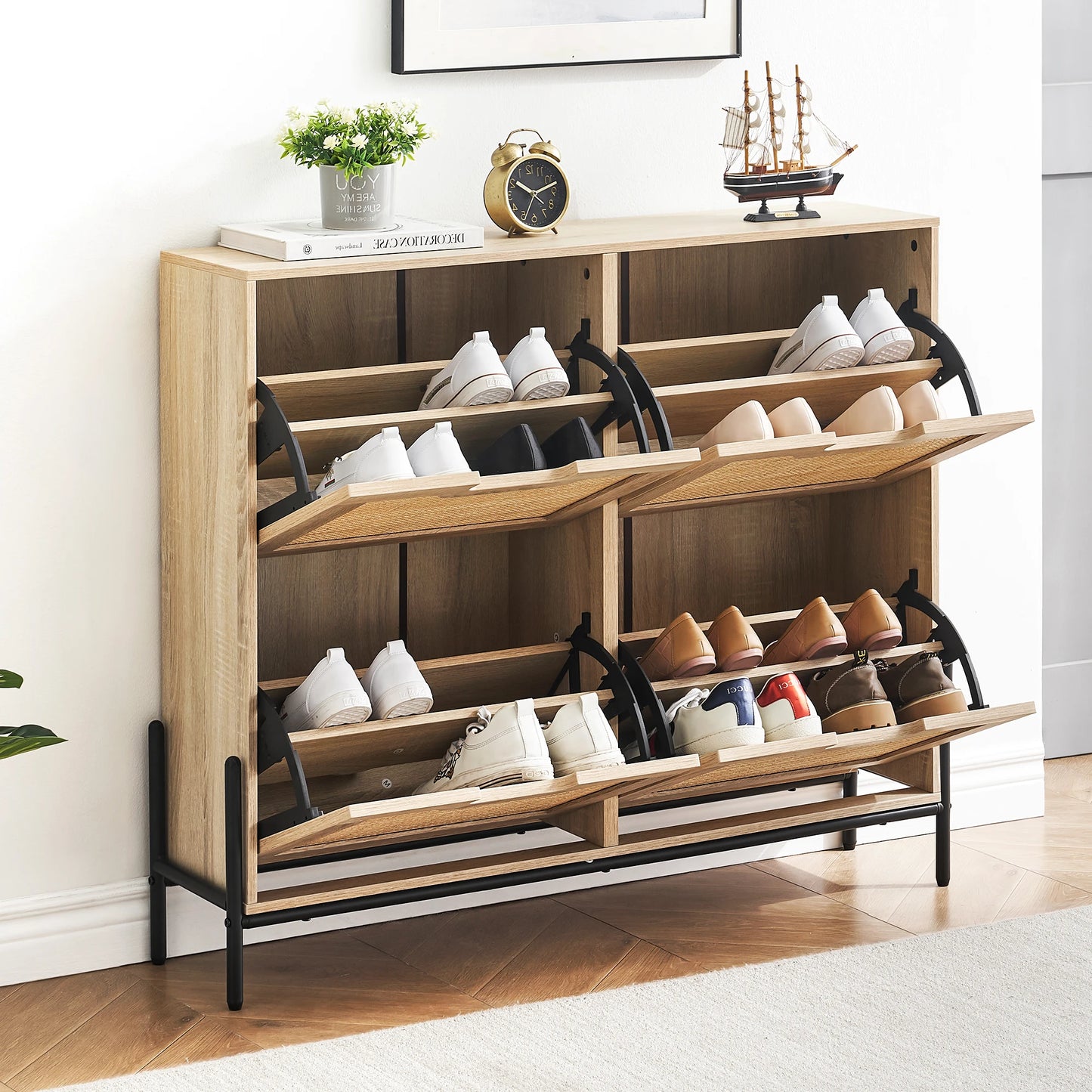Natural Rattan Shoe Cabinet, w/ 4 Flip Drawers