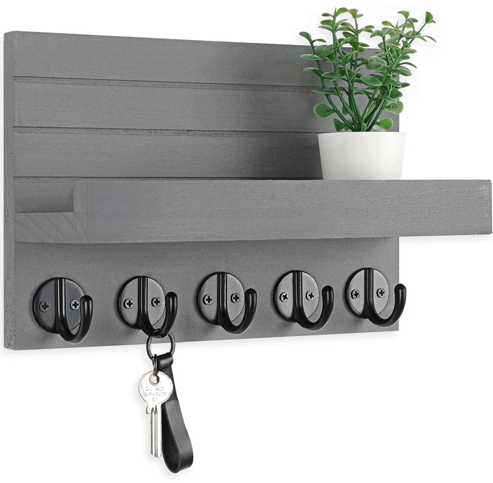 Key and Mail Holder Wooden Rack, 5 Hooks