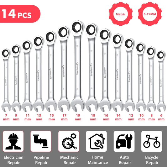 14-Piece Ratcheting Metric 6-19mm Wrench Set