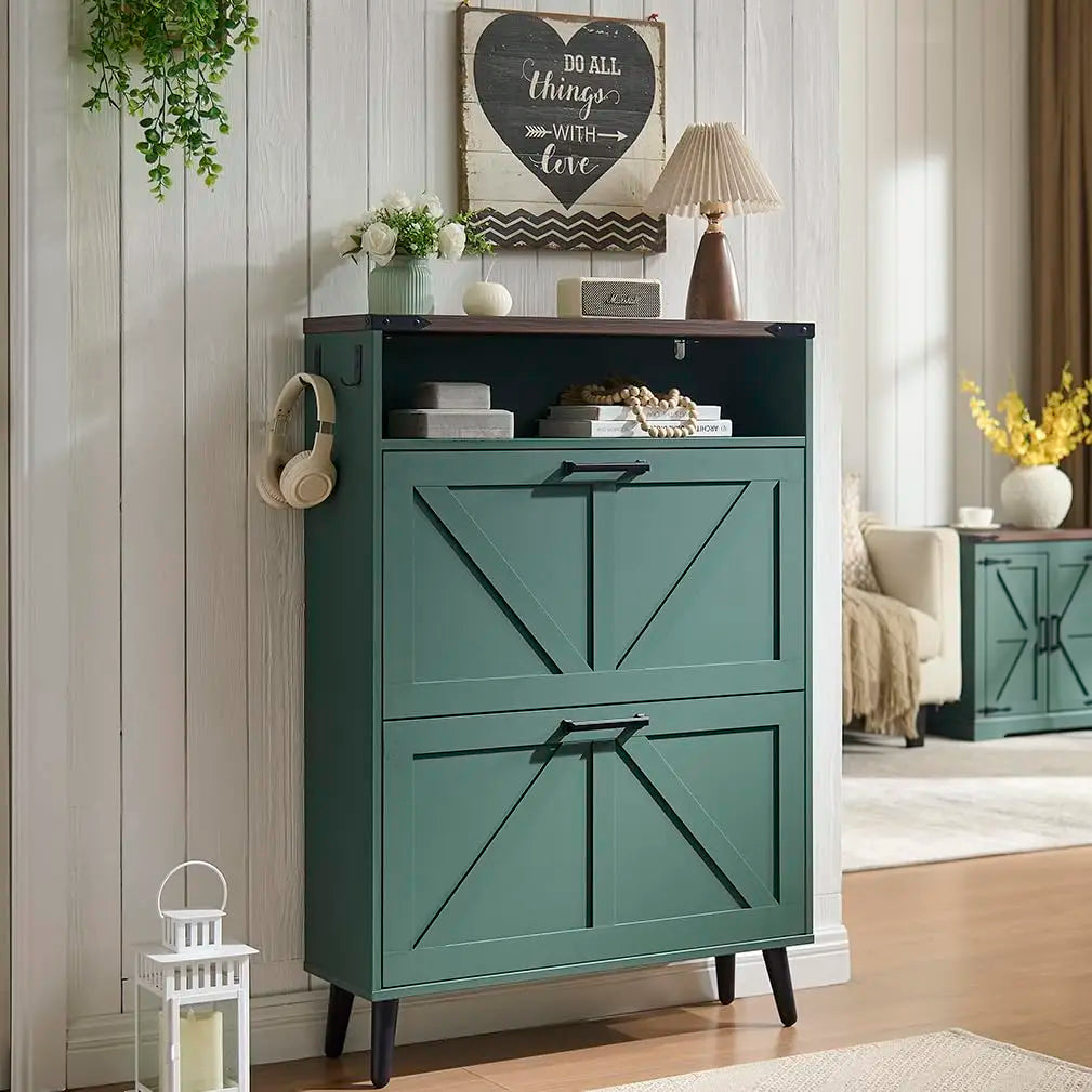 Farmhouse Shoe Storage Organizer w/2 Flip Drawers