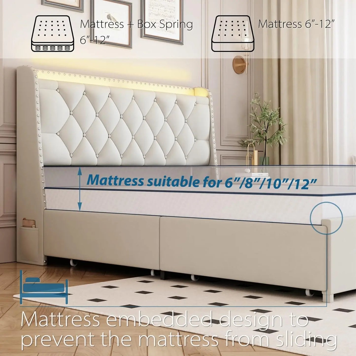 Beige Queen Bed Frame w/ 4 Drawers & Storage Headboard