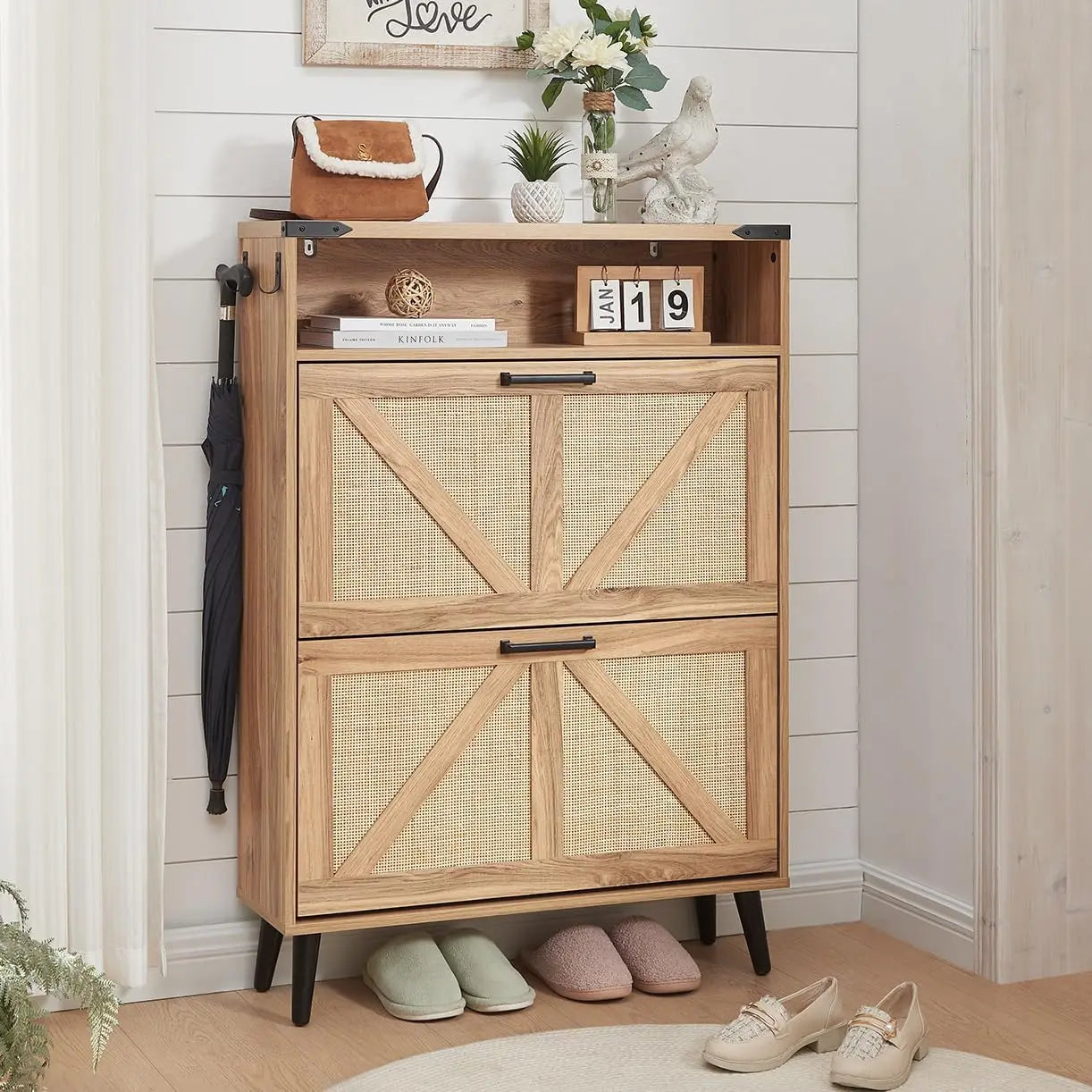 Farmhouse Shoe Storage Organizer w/2 Flip Drawers