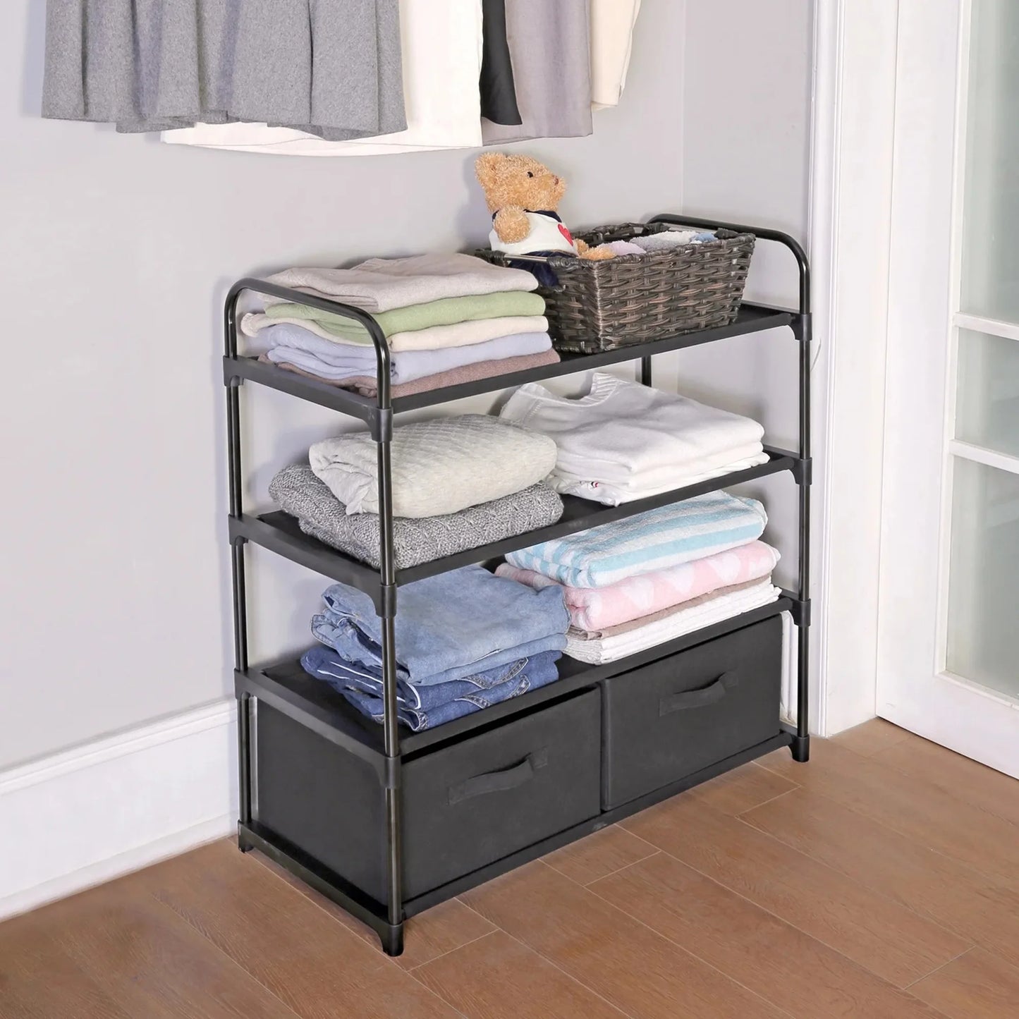 4 Shelf Closet Organizer w/ 2 Bins