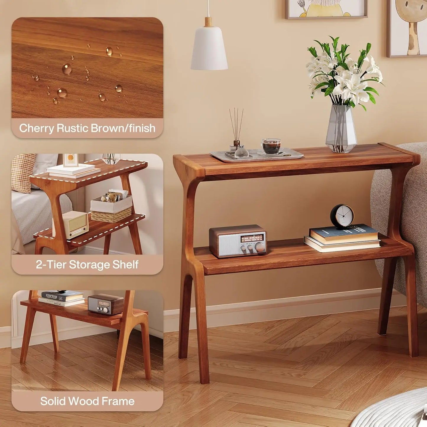 Solid Wood 2-Tier End Table w/Storage Shelf