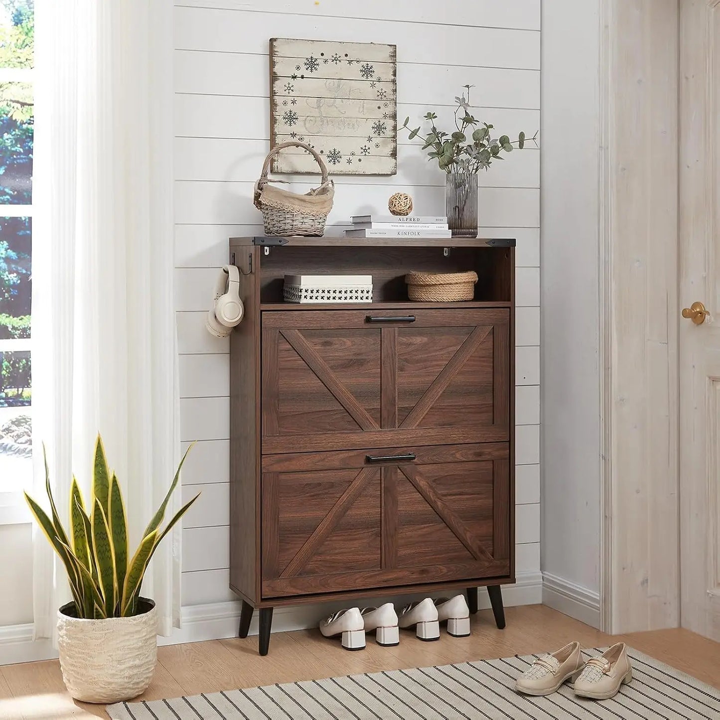 Farmhouse Shoe Storage Organizer w/2 Flip Drawers