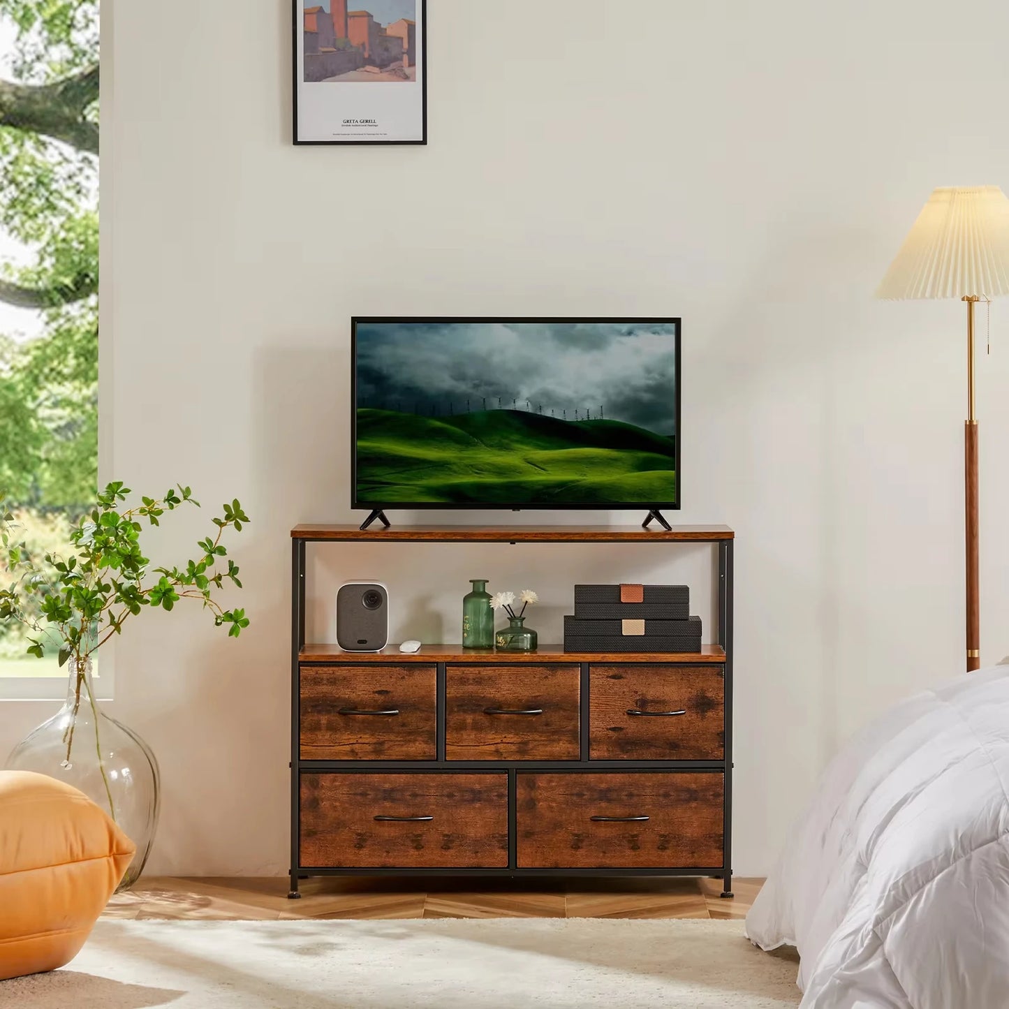 TV Stand Dresser with 5 Fabric Drawers