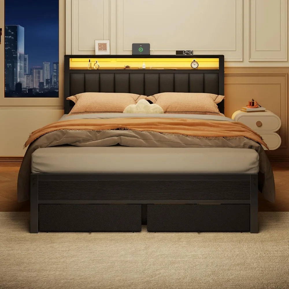 Bed Frame with Charging Station and LED Lights