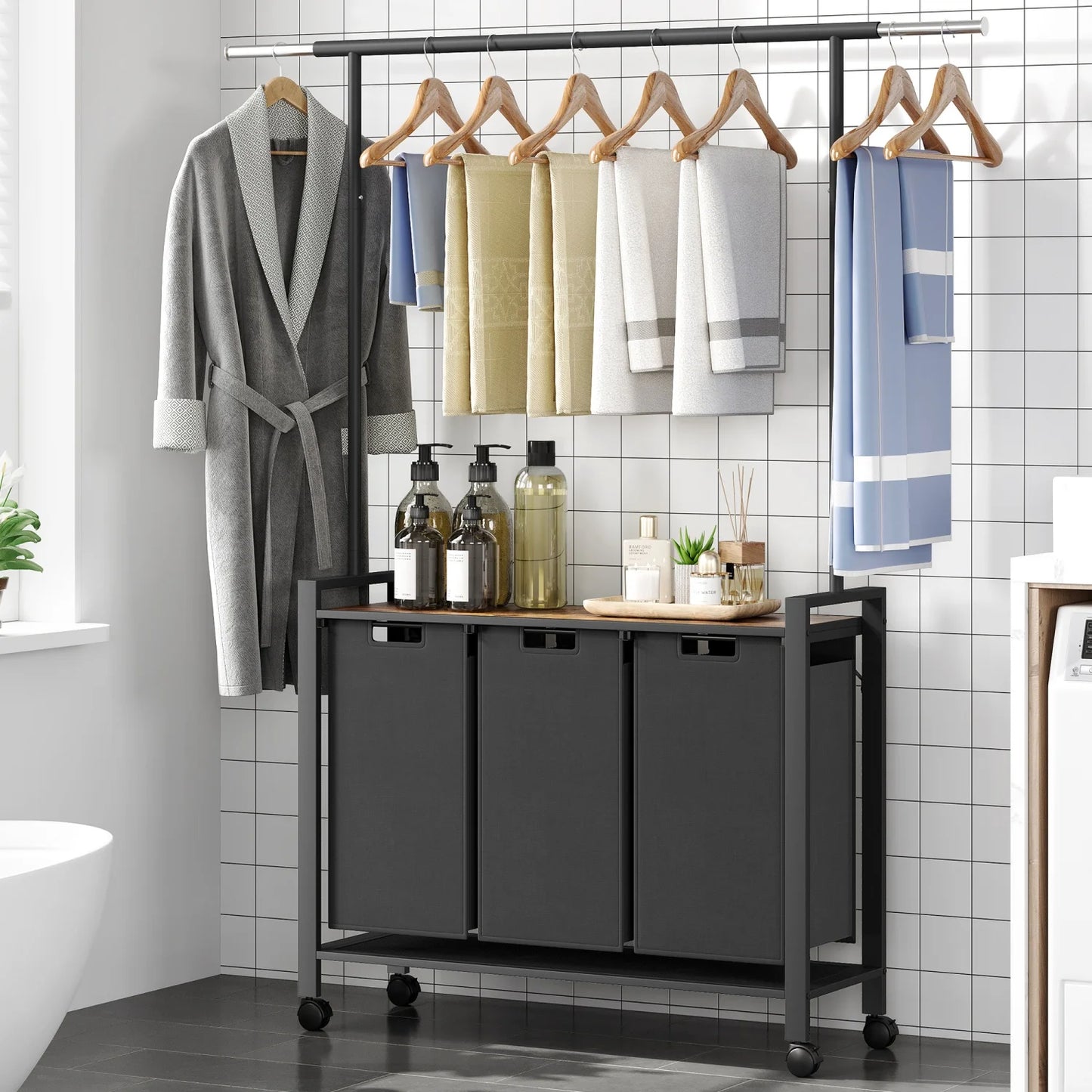 Laundry Sorter With Extendable Hanging Bar