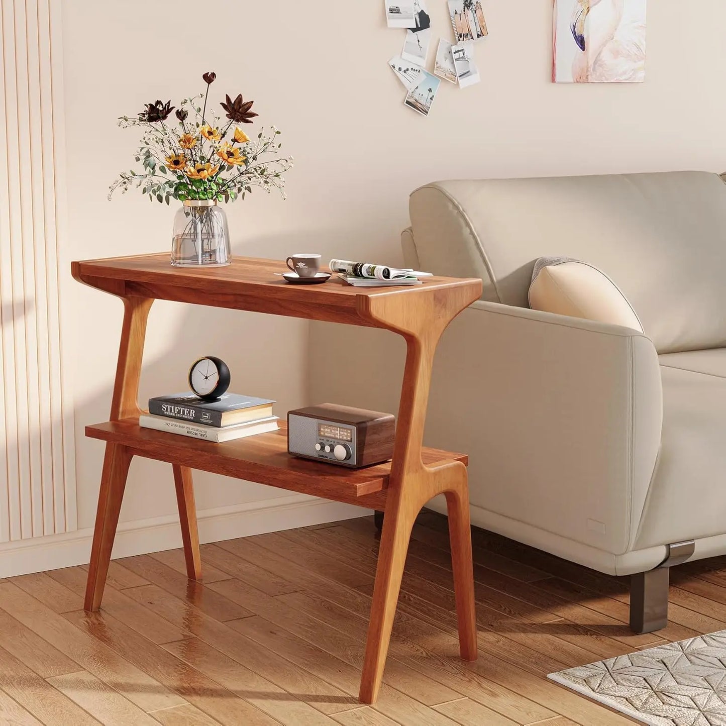 Solid Wood 2-Tier End Table w/Storage Shelf