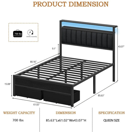 Bed Frame with Charging Station and LED Lights