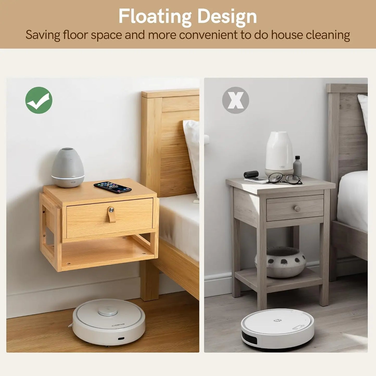 Floating Nightstand w/Drawer, LED Lights
