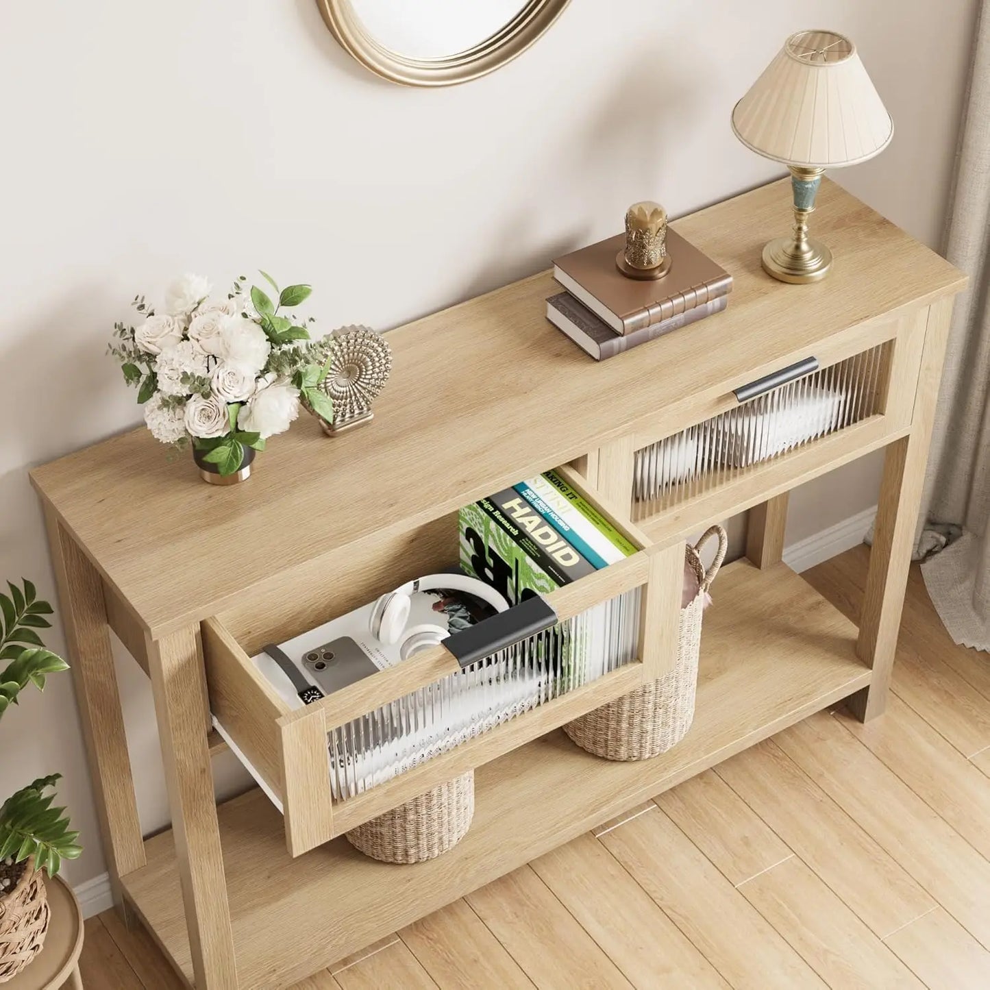 Narrow Console Table with 2 Glass Drawers