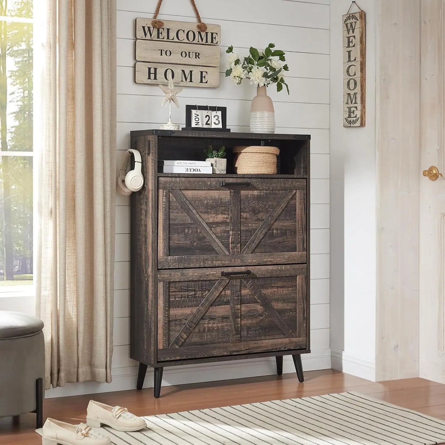 Farmhouse Shoe Storage Organizer w/2 Flip Drawers