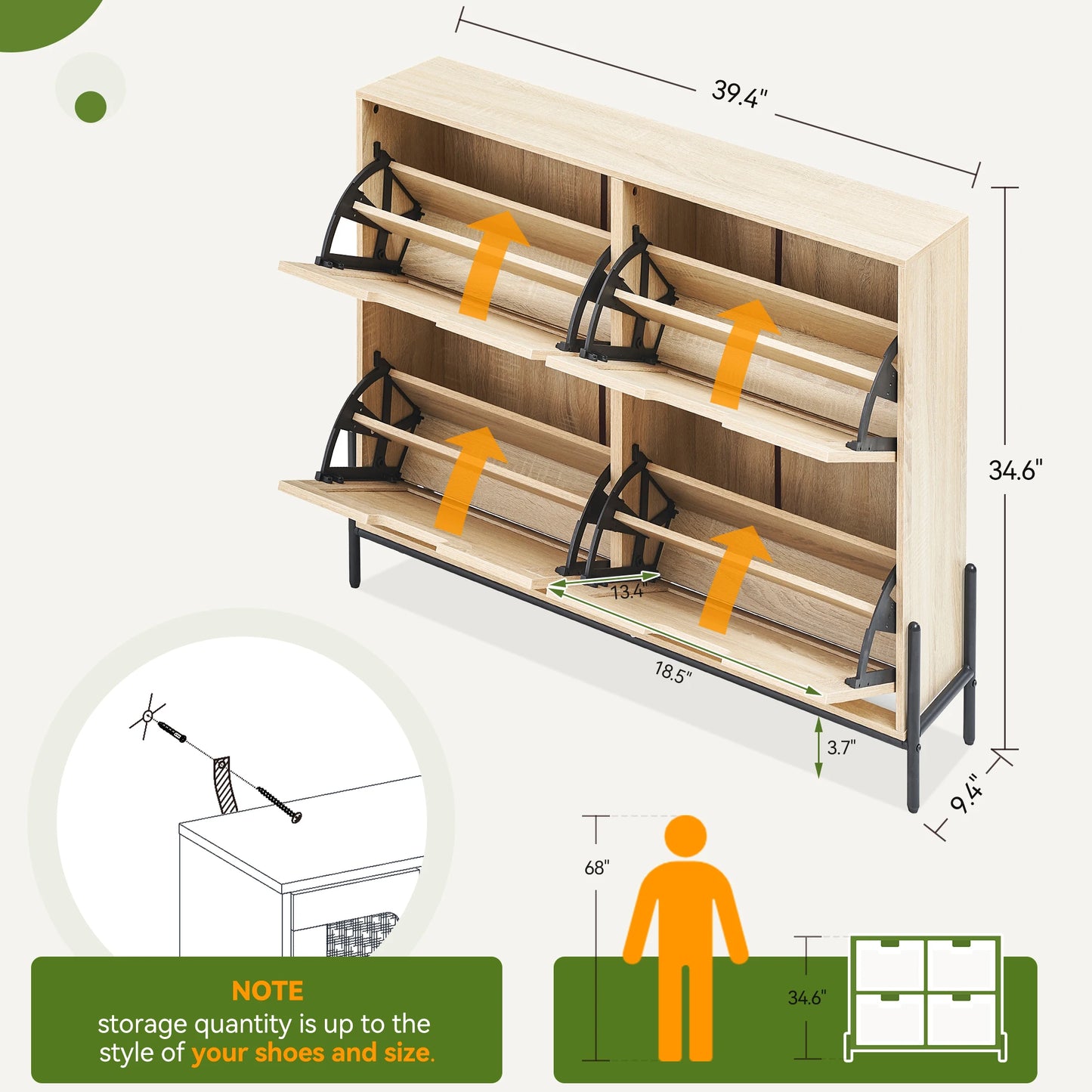 Natural Rattan Shoe Cabinet, w/ 4 Flip Drawers