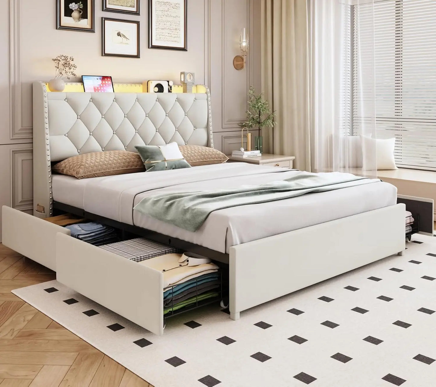 Beige Queen Bed Frame w/ 4 Drawers & Storage Headboard