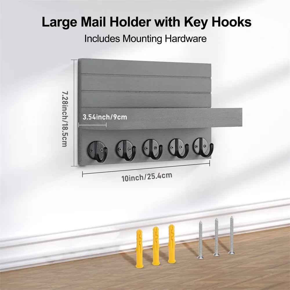 Key and Mail Holder Wooden Rack, 5 Hooks