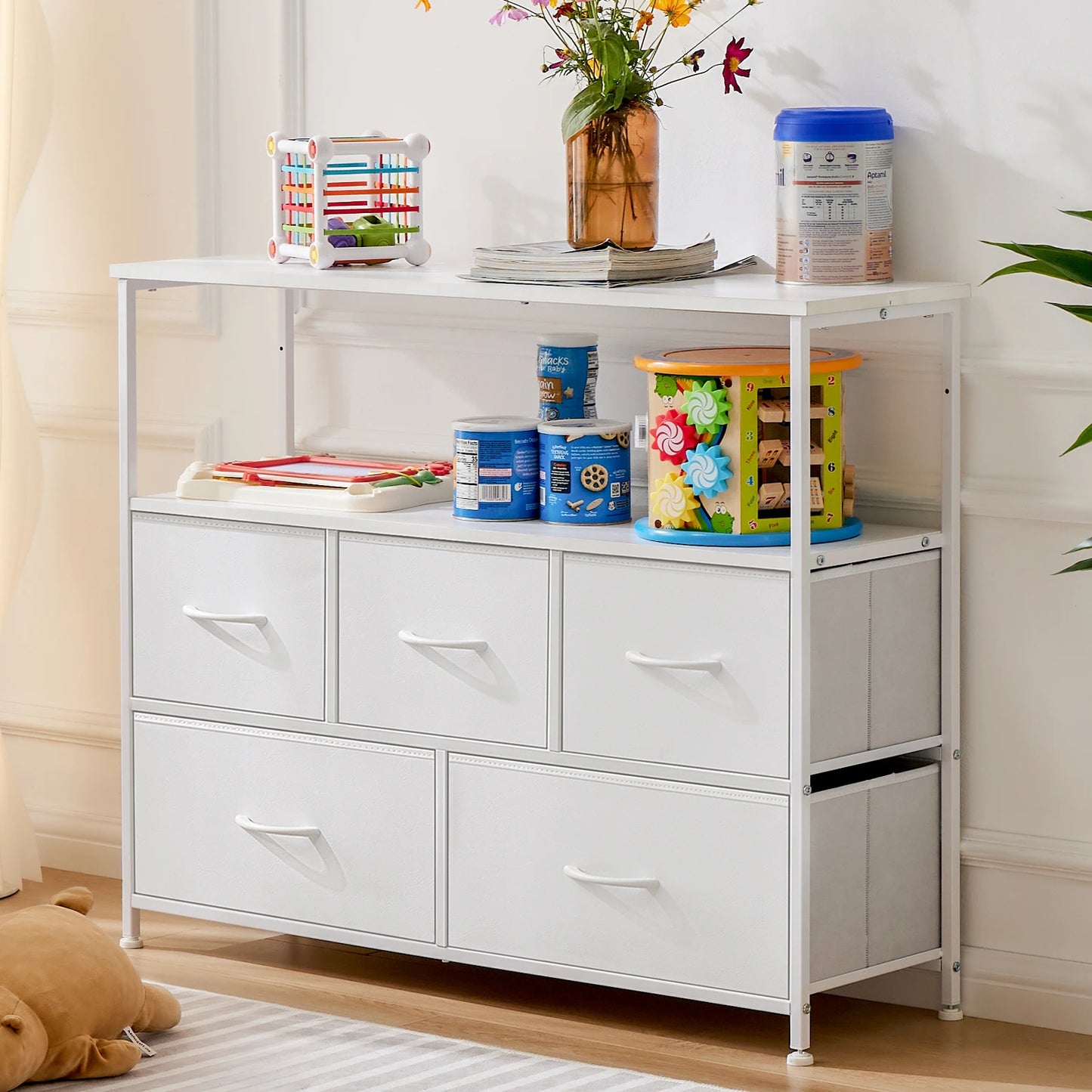 TV Stand Dresser with 5 Fabric Drawers