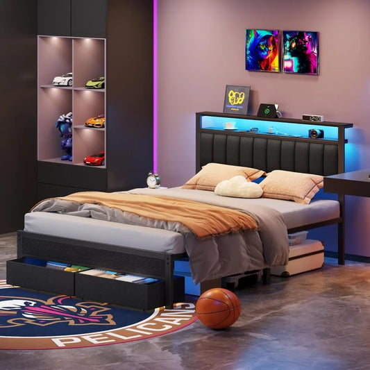 Bed Frame with Charging Station and LED Lights