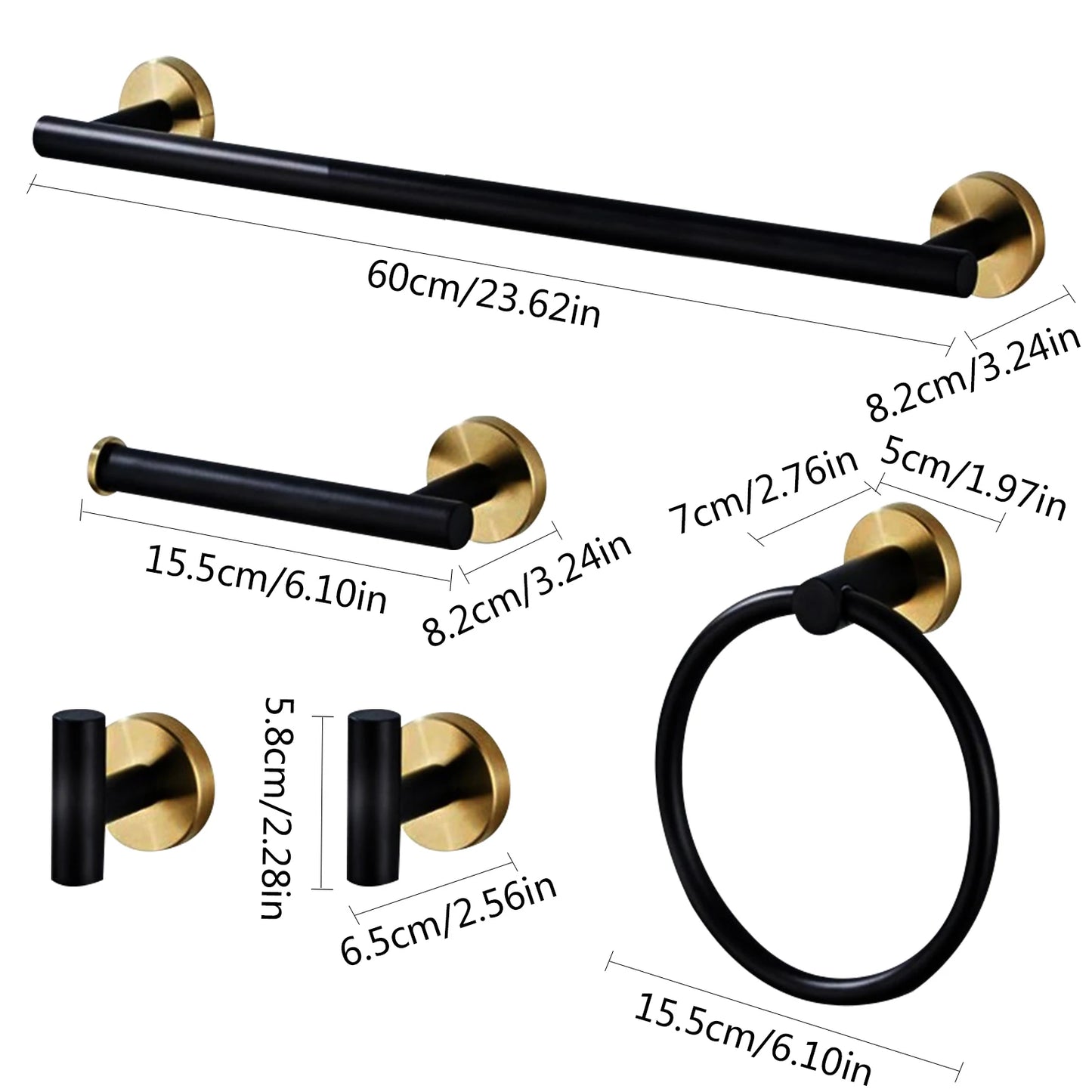 5-Piece Black & Gold Stainless Steel Wall Mounted Towel Rack Set
