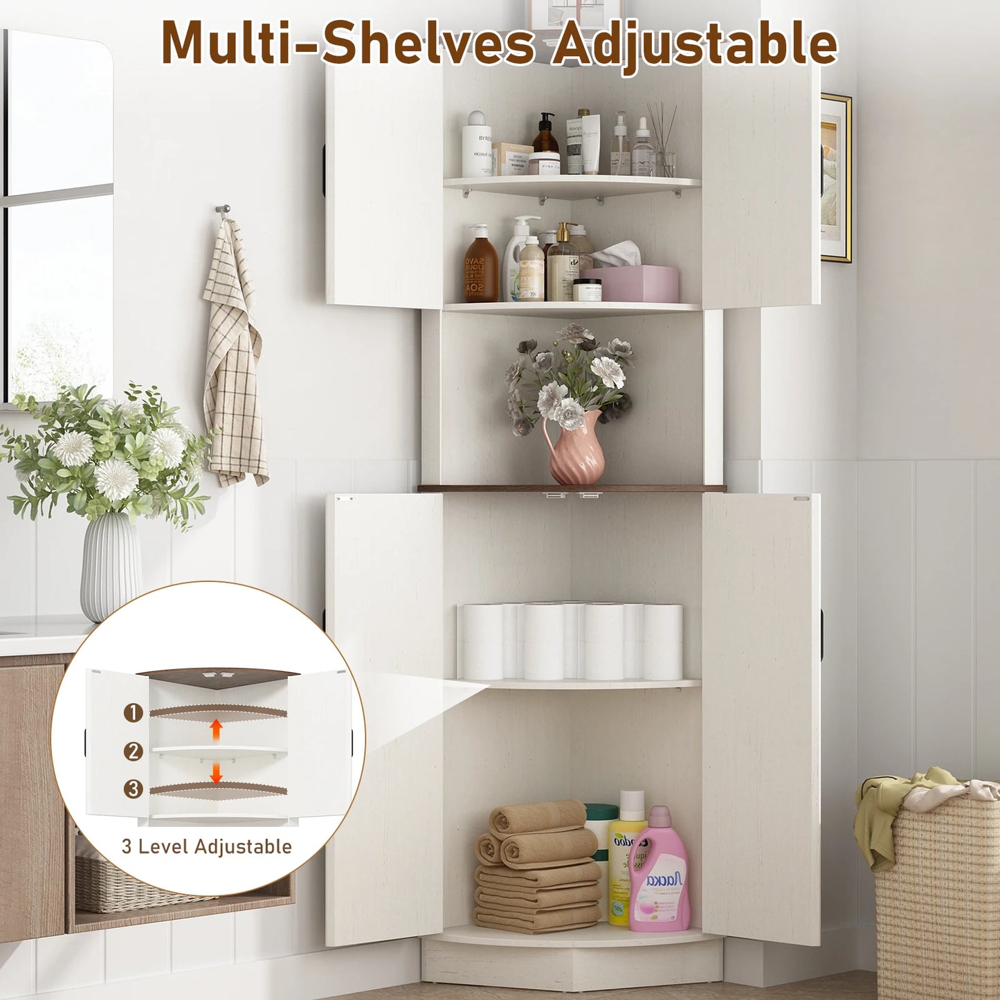 Corner Bathroom Storage Tall Cabinet with Doors