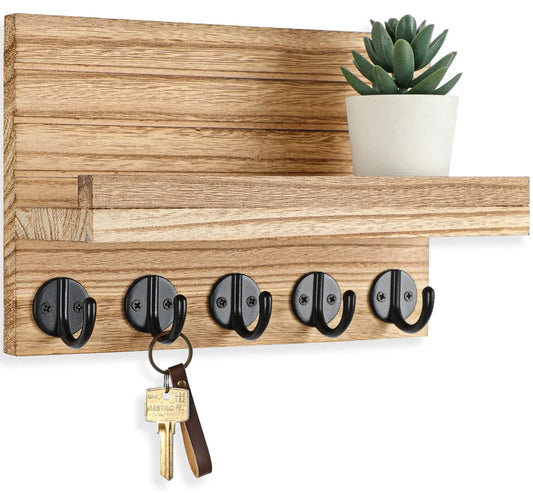 Key and Mail Holder Wooden Rack, 5 Hooks