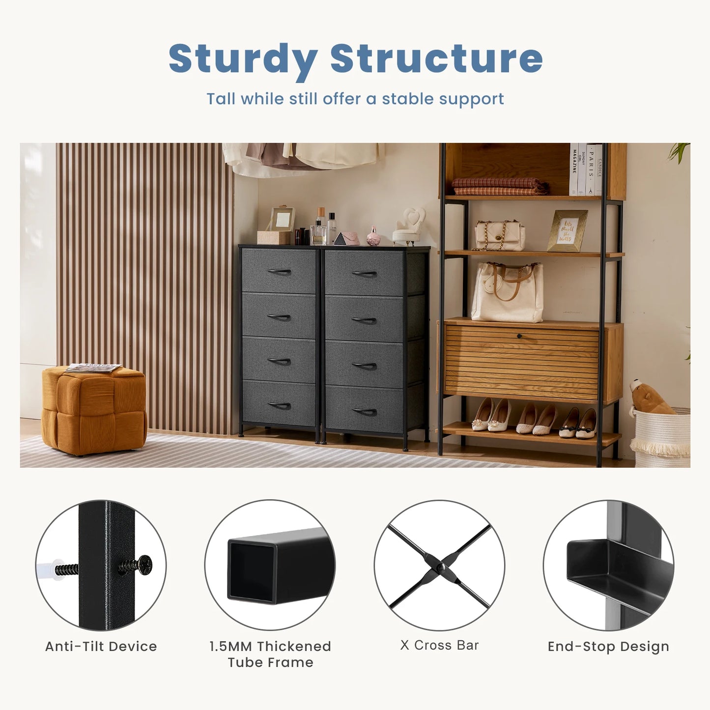 Nightstand Wardrobe Bedroom w/ 4 Fabric Drawers