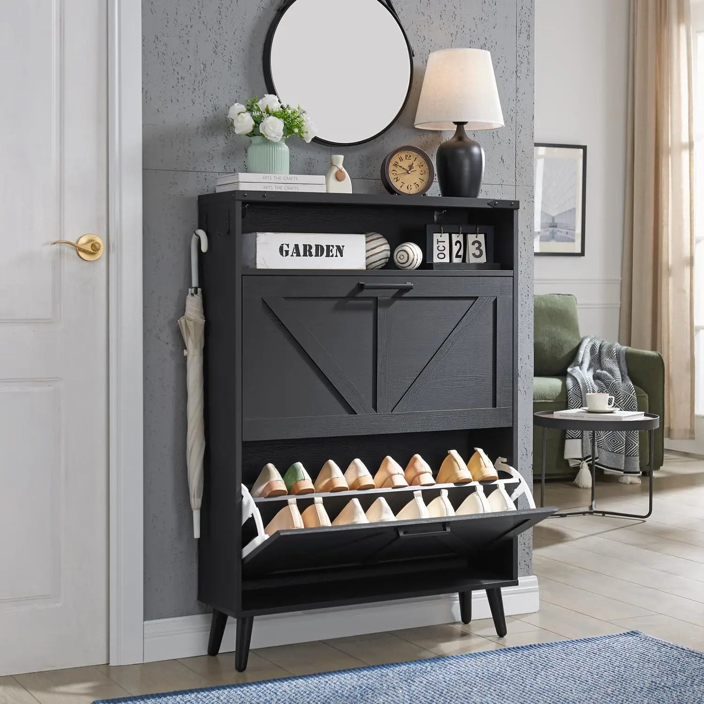 Farmhouse Shoe Storage Organizer w/2 Flip Drawers