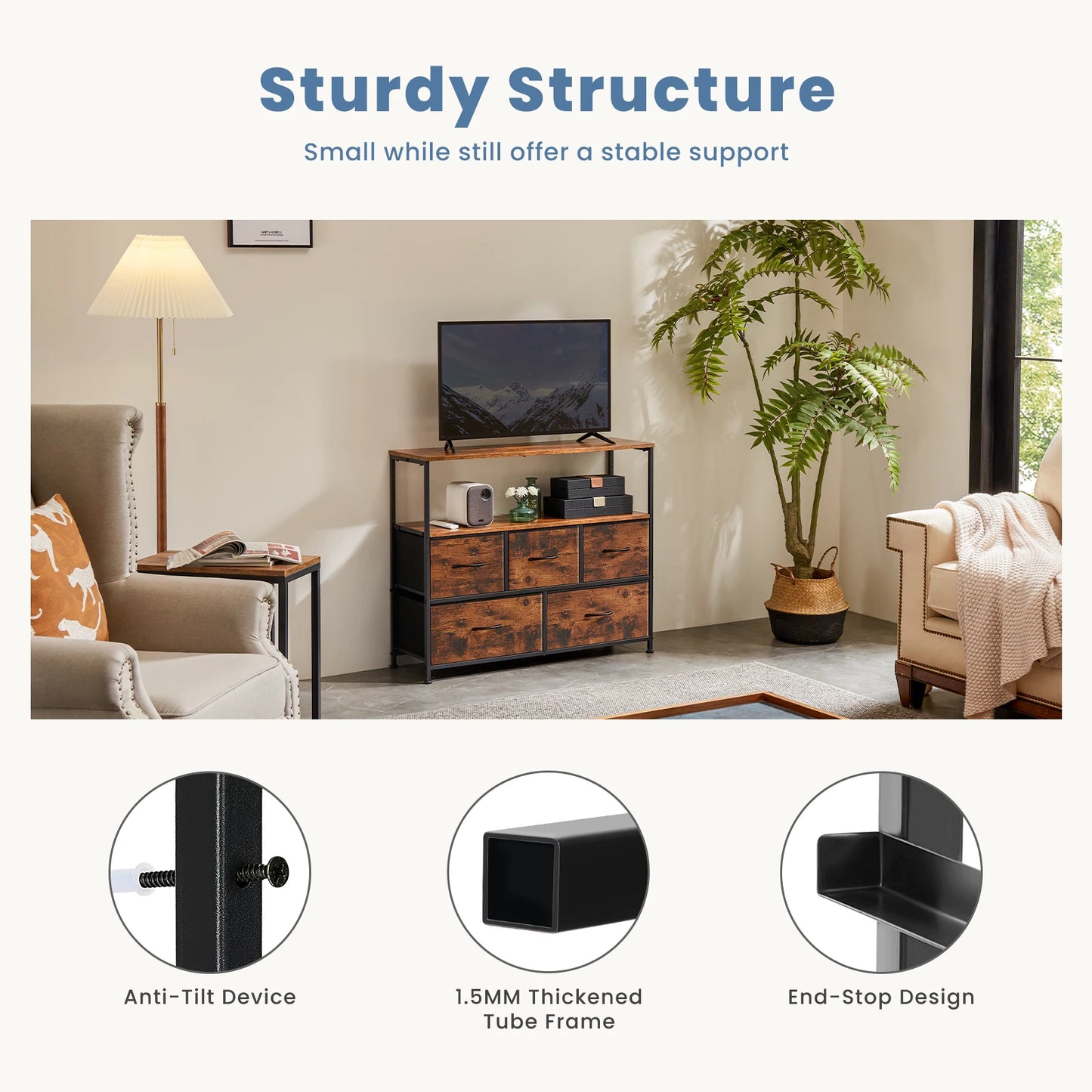 TV Stand Dresser with 5 Fabric Drawers