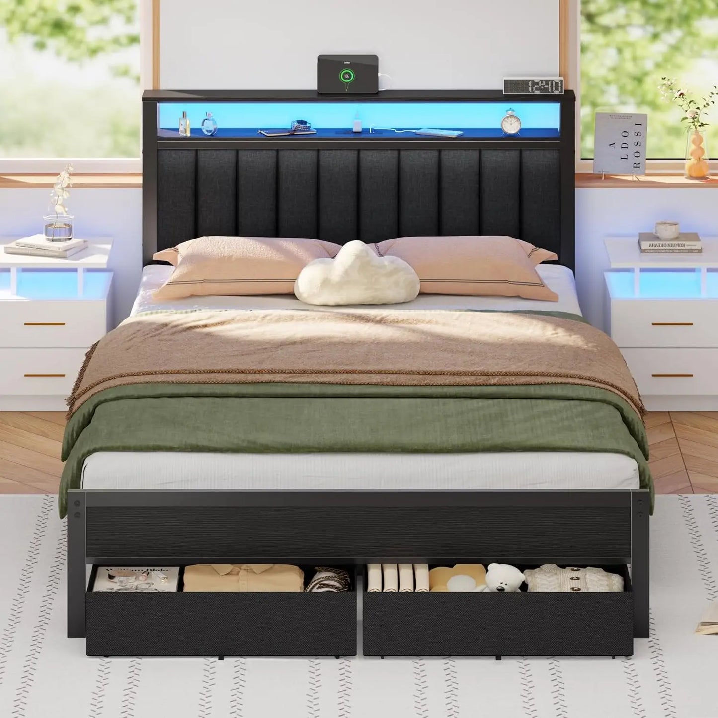 Bed Frame with Charging Station and LED Lights