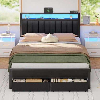Bed Frame with Charging Station and LED Lights