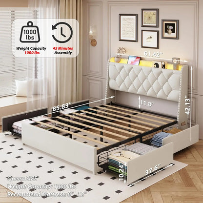 Beige Queen Bed Frame w/ 4 Drawers & Storage Headboard