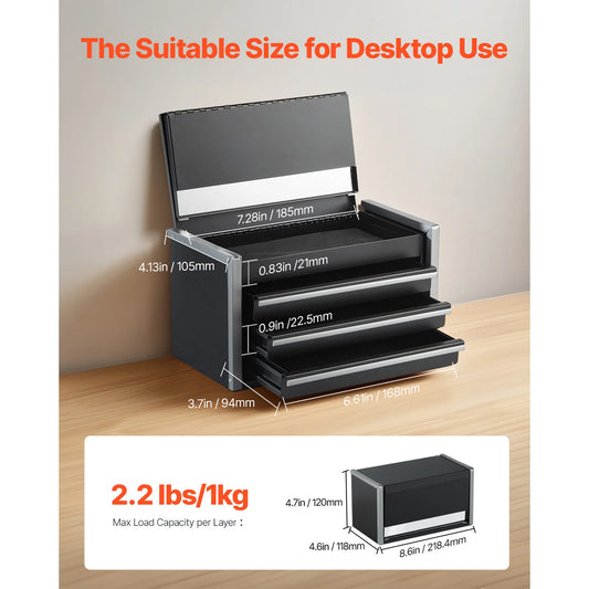 3 Drawer Portable Metal Tool Box w/Feet Pads & Ball Bearing drawers