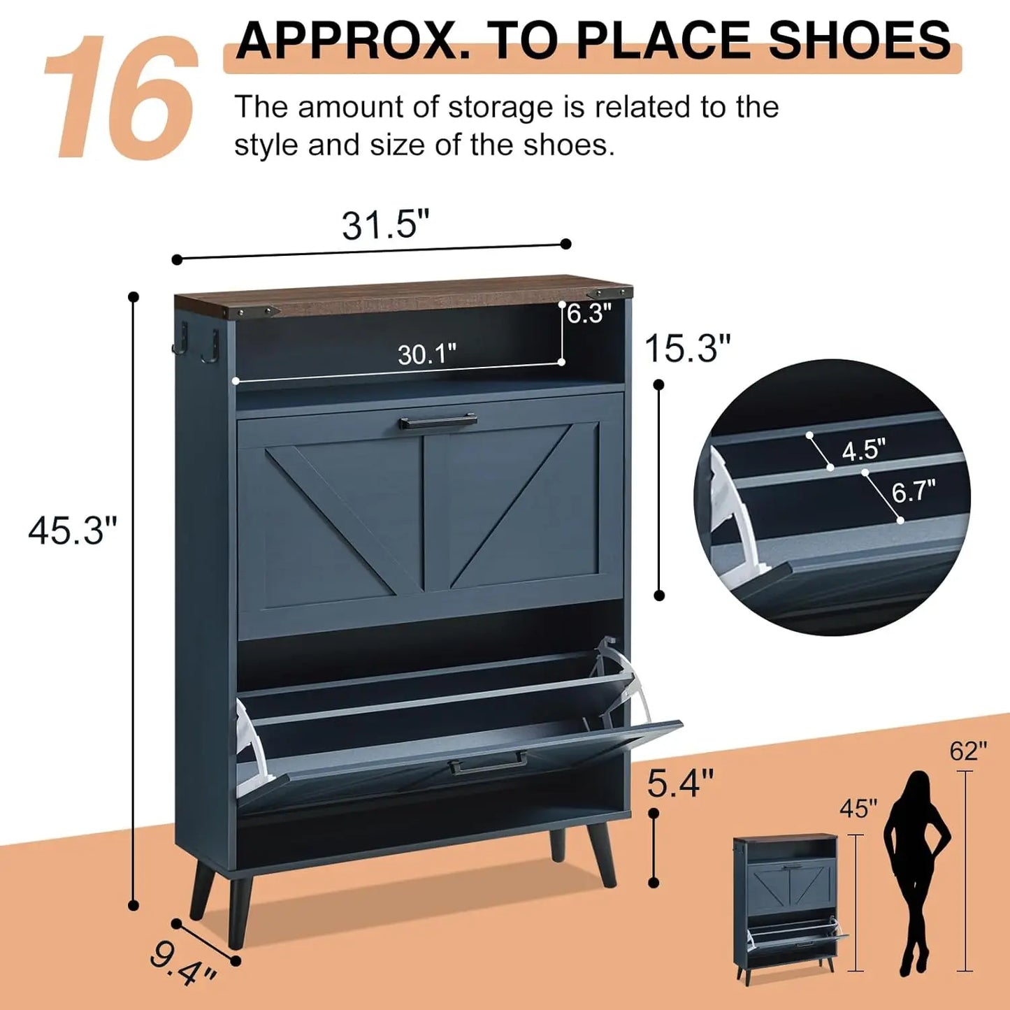 Farmhouse Shoe Storage Organizer w/2 Flip Drawers