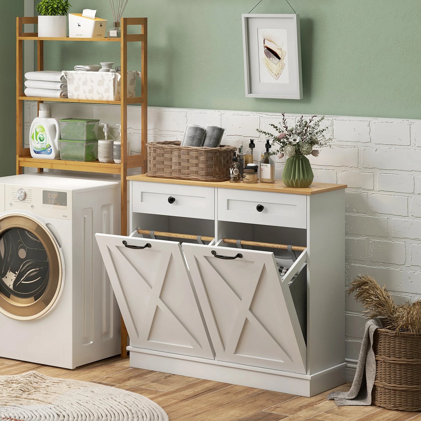 Tilt Out Laundry Hamper Cabinet with 2 Baskets
