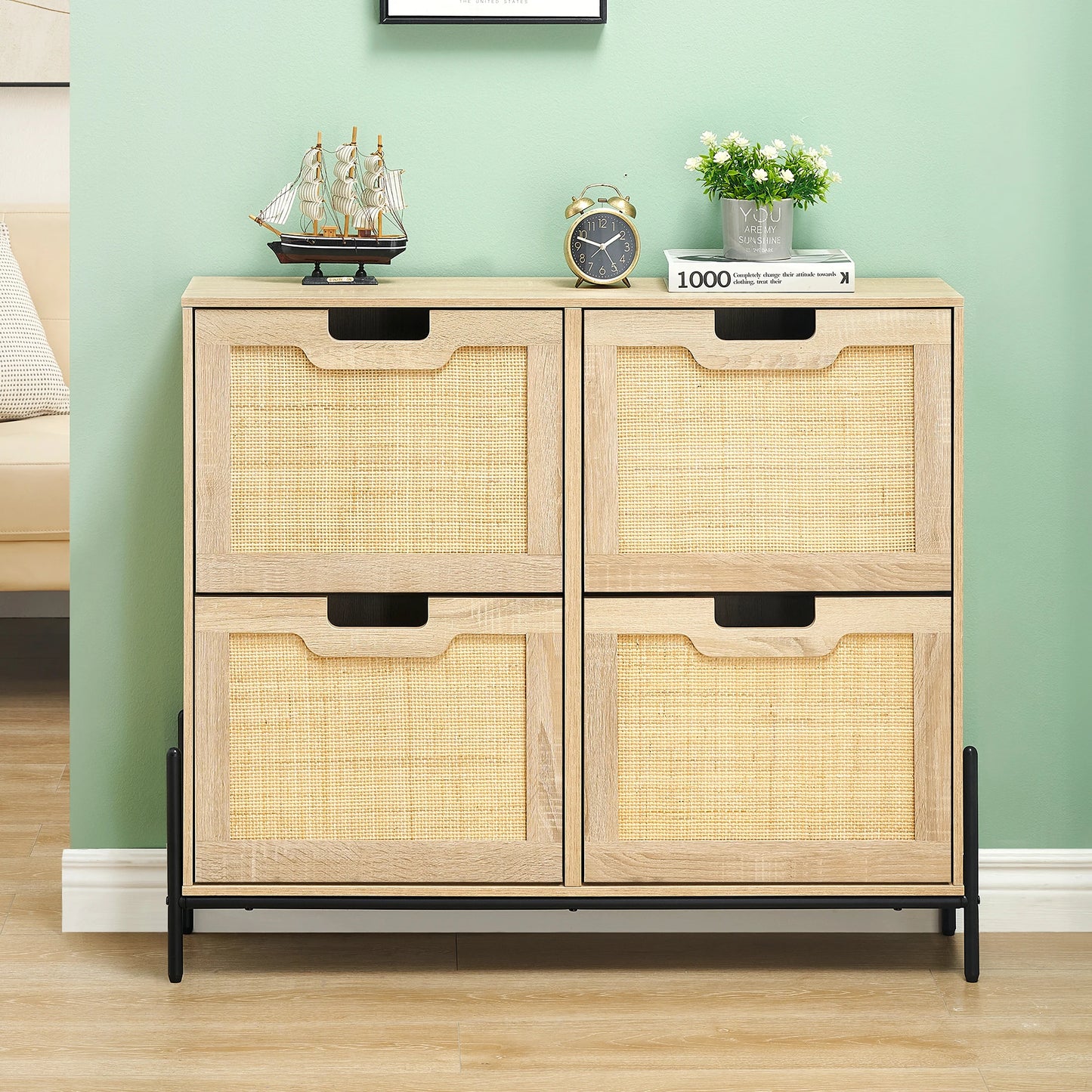 Natural Rattan Shoe Cabinet, w/ 4 Flip Drawers