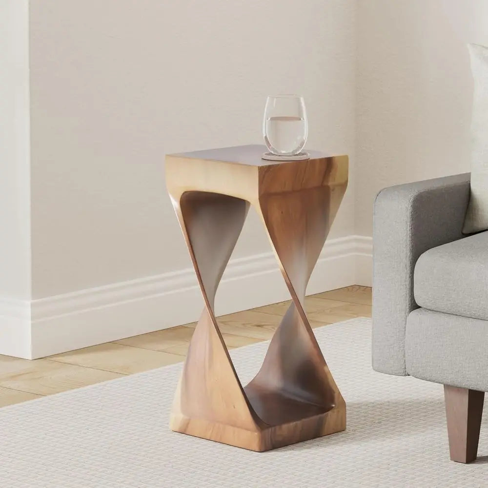 Solona Solid Wood Side Table, Acacia Whimsical Carved Design, Finish, Functional and Visually Alluring Natural Wood Glaze Accent