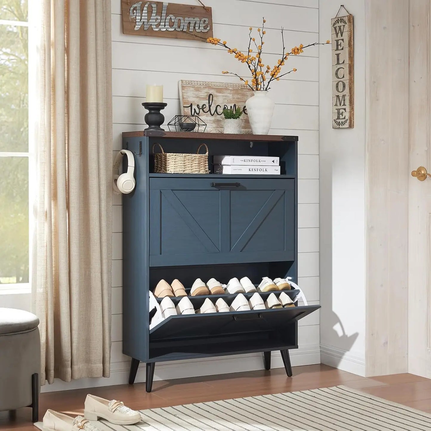Farmhouse Shoe Storage Organizer w/2 Flip Drawers