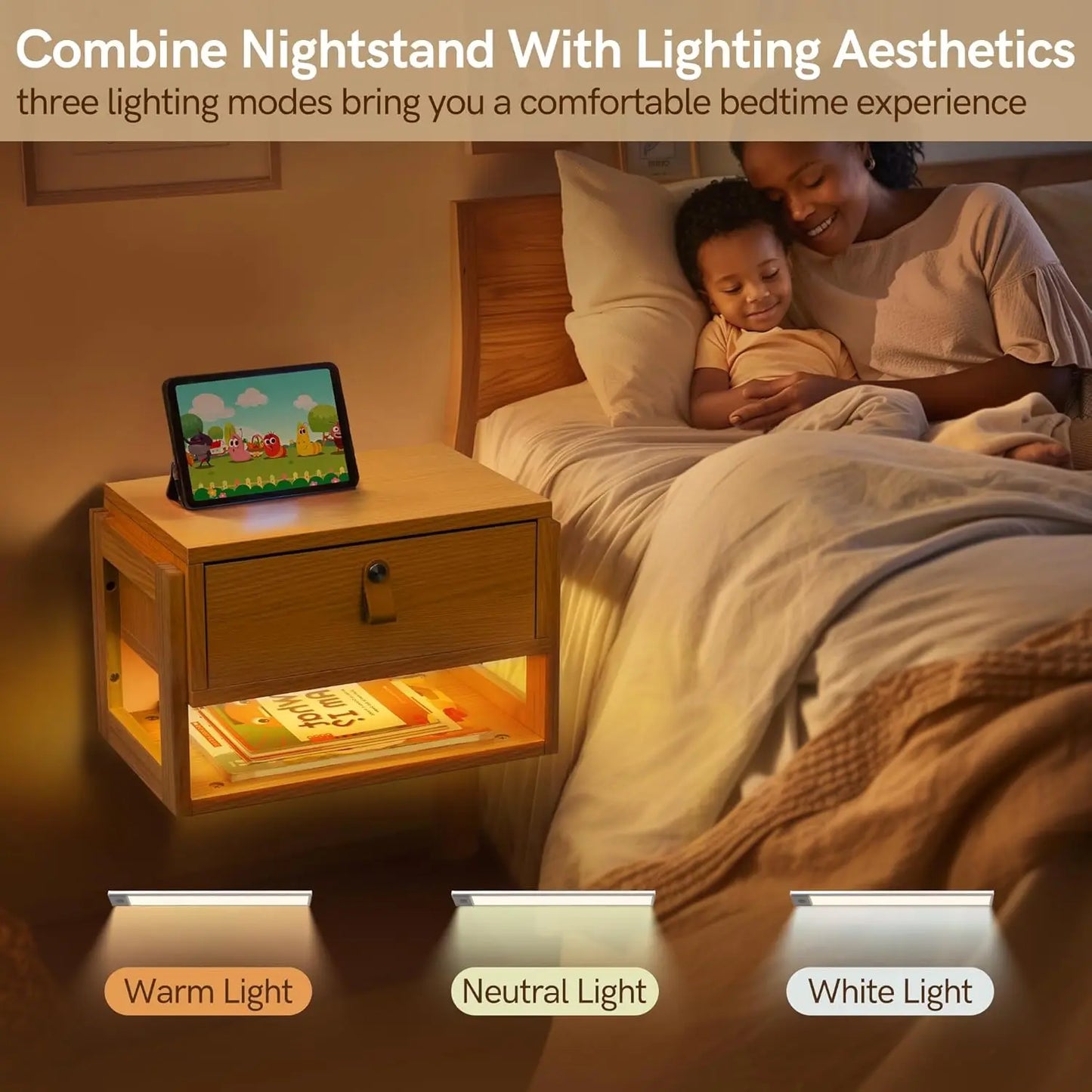 Floating Nightstand w/Drawer, LED Lights