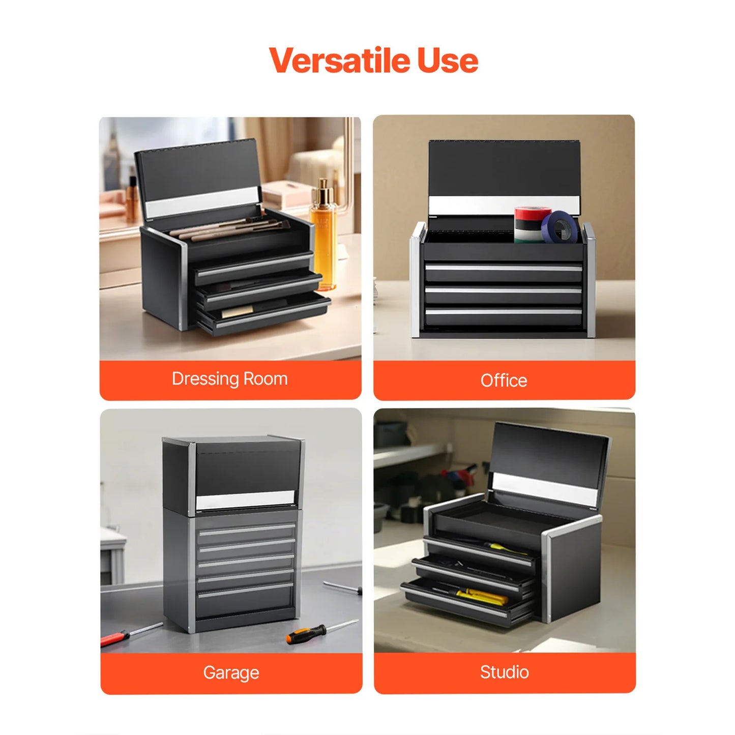 3 Drawer Portable Metal Tool Box w/Feet Pads & Ball Bearing drawers