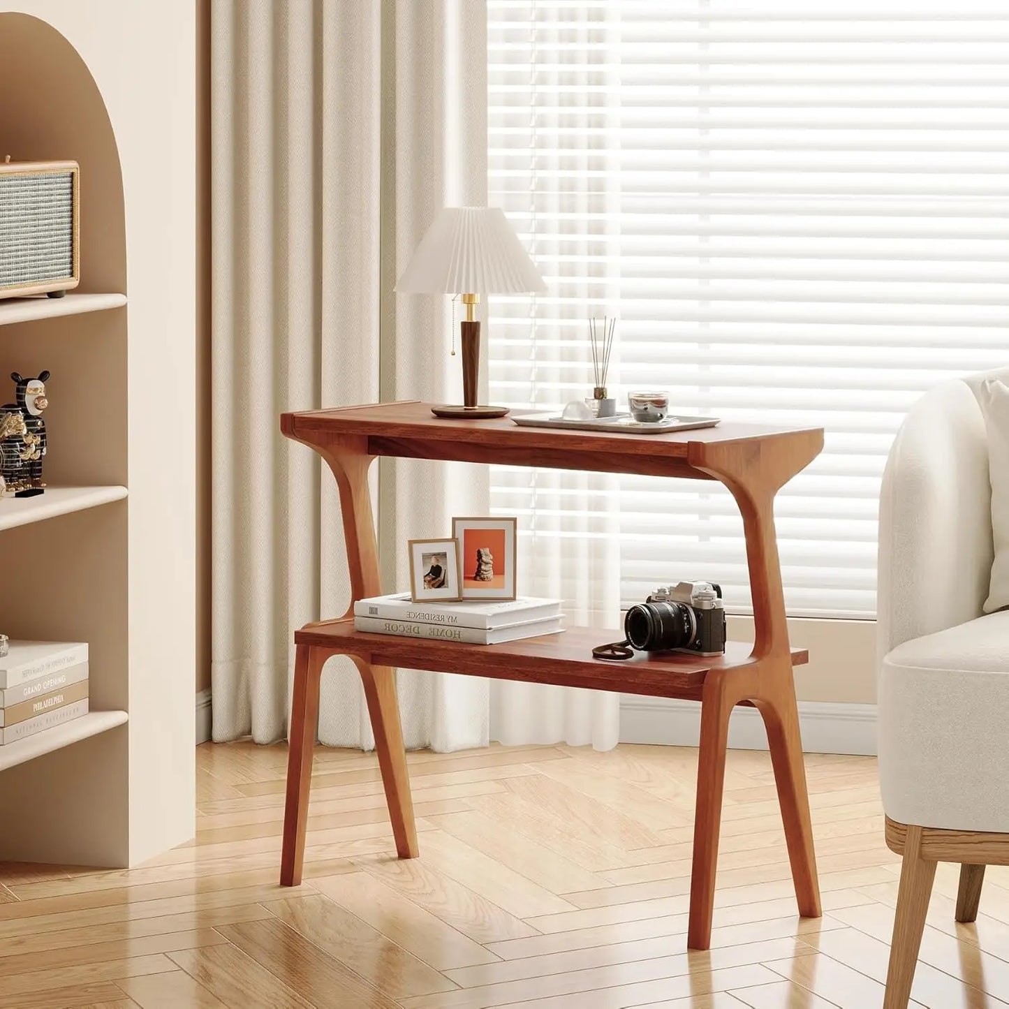 Solid Wood 2-Tier End Table w/Storage Shelf