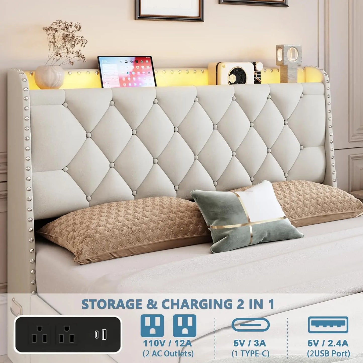 Beige Queen Bed Frame w/ 4 Drawers & Storage Headboard