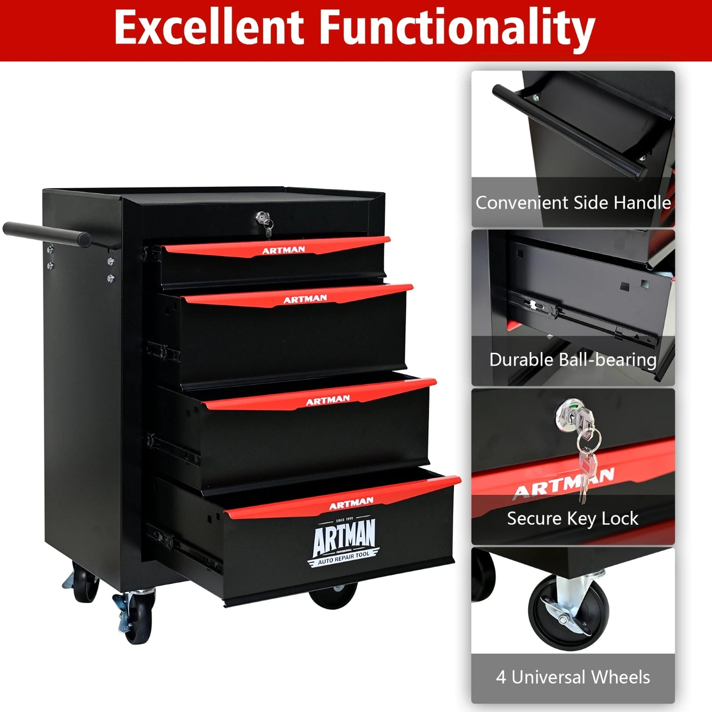 Rolling Metal Tool Chest with 4ea 20" Drawers, with Ball Bearing Drawer Slides