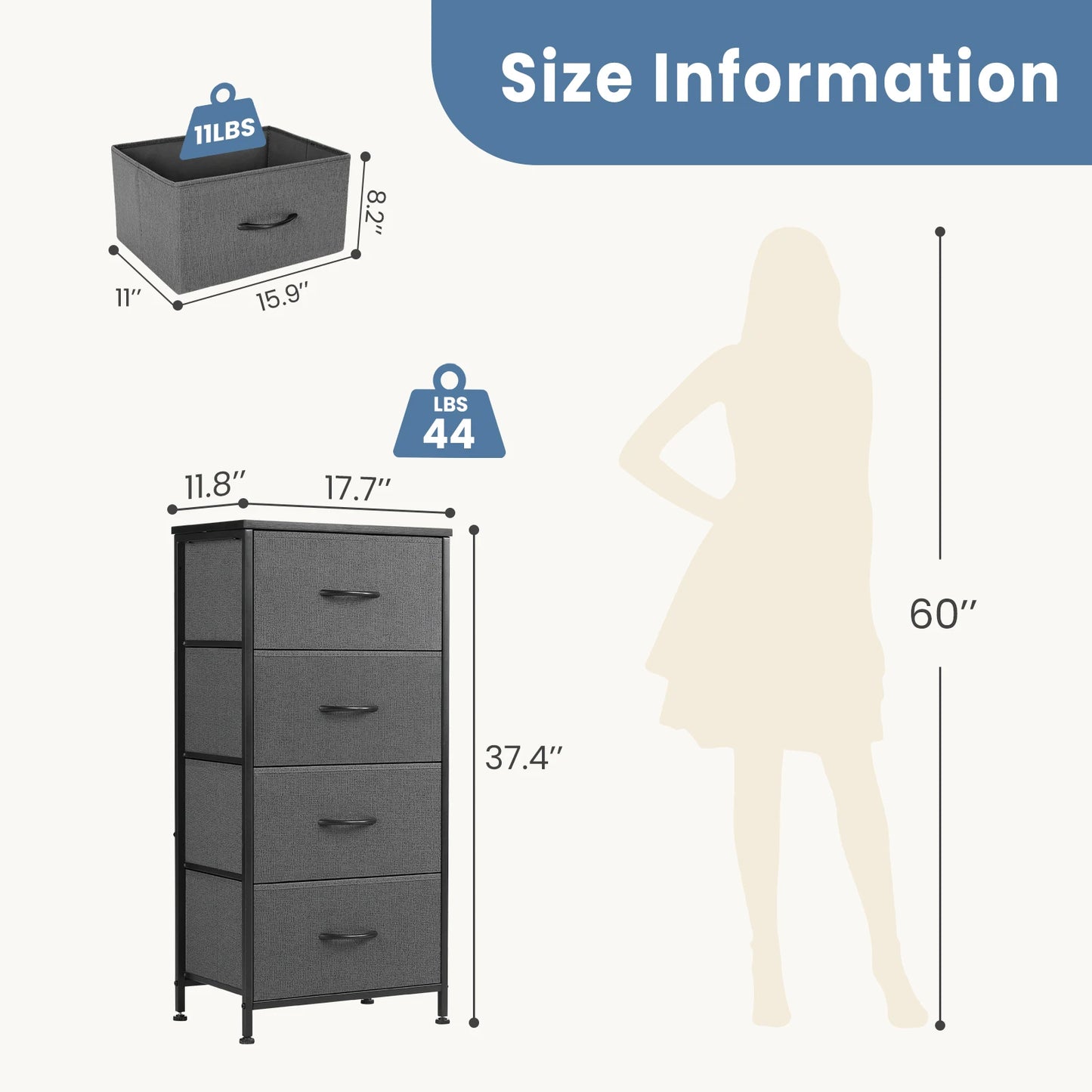 Nightstand Wardrobe Bedroom w/ 4 Fabric Drawers